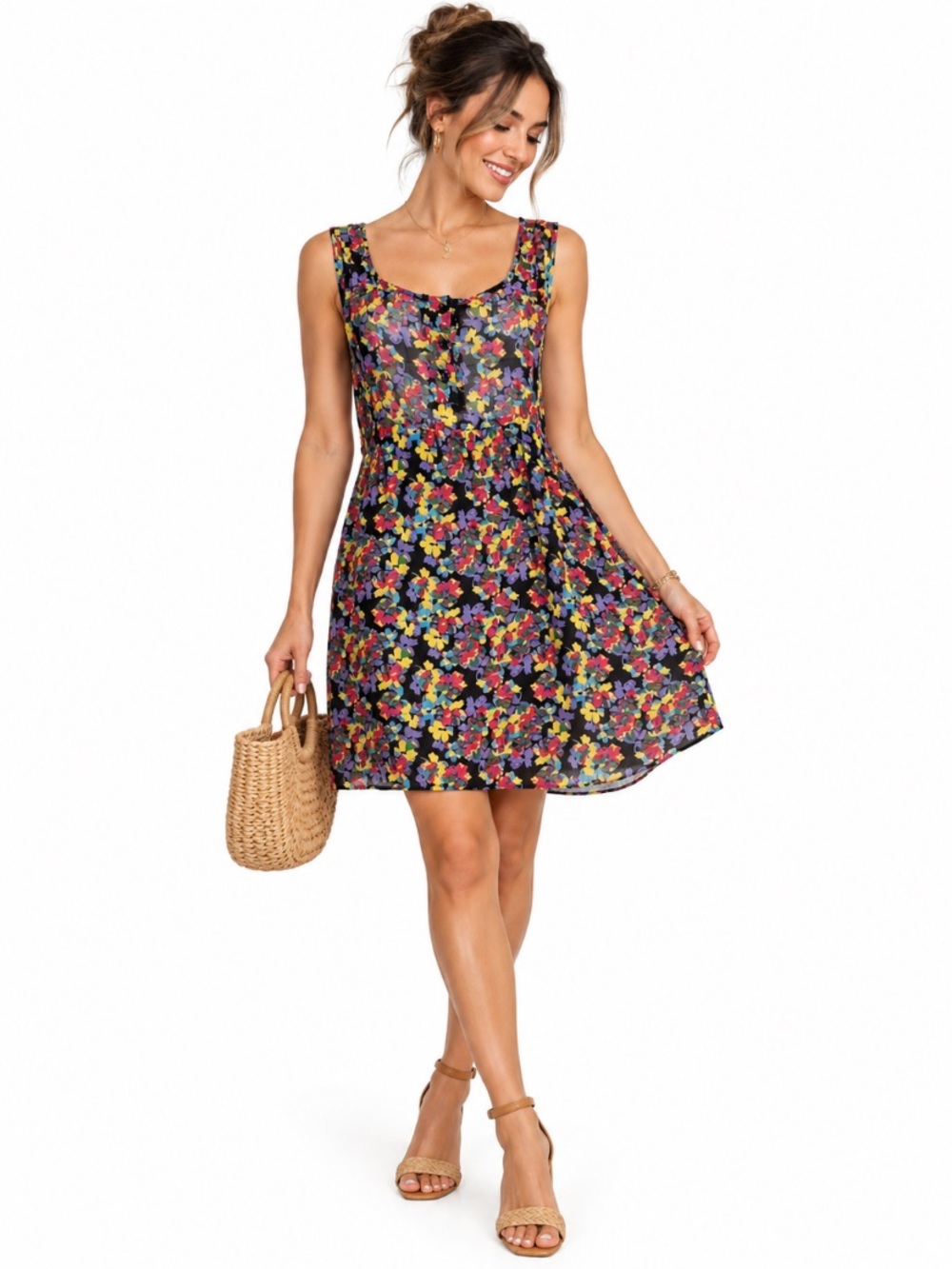 Red Rockin Robin Multi Floral Button Front Retro Cottagecore Mini Dress Size M
